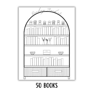 May include: Black and white reading tracker with a bookshelf design. The top of the bookshelf has small potted plants. The image includes the text "Reading Tracker" and "50 Books".