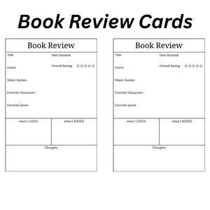 Può includere: Due schede bianche di recensione di libri con testo nero. Le schede includono campi per titolo, genere, valutazione e note. Il testo "Book Review Cards" è in alto. Ogni scheda ha sezioni per "what I LOVED" e "what I HATED".
