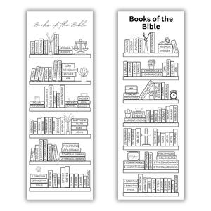 Könnte beinhalten: Zwei schwarz-weiße Lesezeichen mit einem Bücherregal-Design. Jedes Regal zeigt die Bücher der Bibel mit Titeln und dekorativen Elementen. Der Text "Books of the Bible" steht oben.