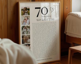 Poster con 70 cose che ti amiamo, con immagini, modello stampabile per il 70° compleanno, regalo modificabile e personalizzato per lui o per lei.