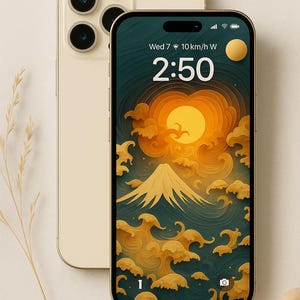Golden Fuji Sunset – Papercraft Style iPhone Wallpaper | Digital Download | Japanese Abstract Art for Phone Lock Screen