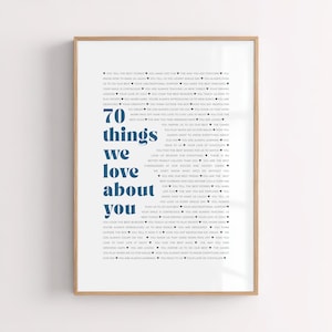 May include: A framed vertical poster featuring the dark blue text 70 things we love about you, surrounded by a list of short phrases in smaller black font separated by heart symbols, all set against a clean white background.