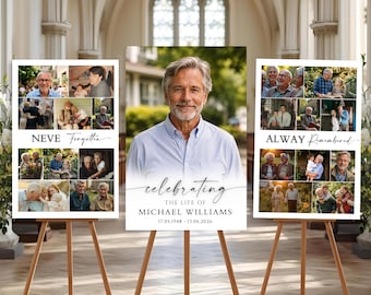 Celebration of Life Funeral Photo Collage Sign Set Templates, Funeral Welcome Sign, In Loving Memory, Memorial Poster, Canva, #FOM