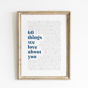May include: Framed print with a light wood-tone frame. The print features the text "60 things we love about you" in navy blue, surrounded by a list of statements in a smaller font. The background is white.