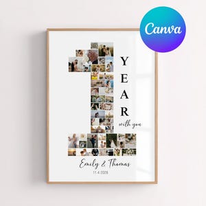 Può includere: Un collage fotografico incorniciato che celebra un primo anniversario. Il numero "1" è formato da più foto piccole. Il testo include "1 YEAR with you", i nomi "Emily & Thomas" e la data "11.4.2028". Un logo Canva è in alto a destra.