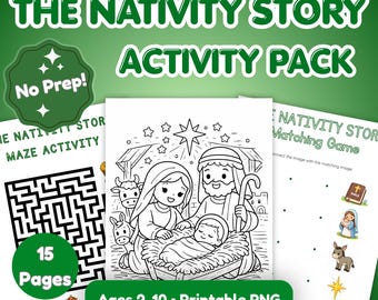Puede incluir: Un paquete de actividades digitales titulado The Nativity Story Activity Pack con 15 páginas de archivos PNG imprimibles para edades de 2 a 10 años. El set incluye un laberinto, una página para colorear del nacimiento y un juego de emparejar.