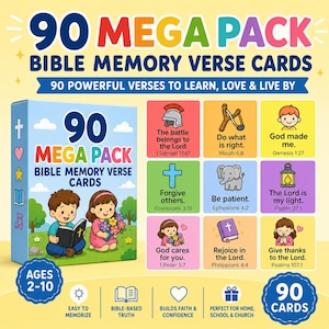 May include: A 90 mega pack of Bible memory verse cards for ages 2-10. The box features a cartoon boy and girl reading a book. The set includes 90 cards with colorful illustrations and scripture verses like The battle belongs to the Lord and Be patient.