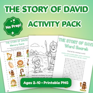Puede incluir: Un paquete de actividades verde y blanco titulado "The Story of David". El paquete incluye un juego de memoria, una página para colorear y una búsqueda de palabras. También es visible el texto "Ages 2-10 • Printable PNG".