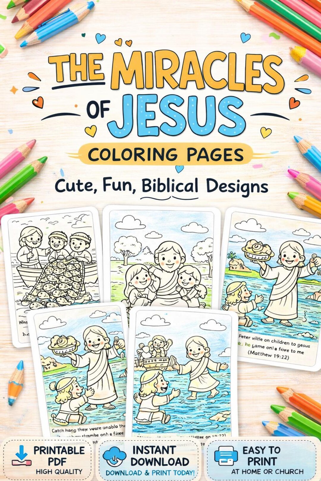 The Miracles of Jesus - 5 Bible Coloring Pages for Kids - Etsy