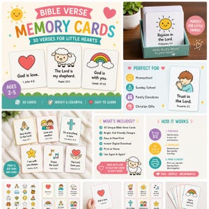 May include: Bible verse memory cards for little hearts, featuring 30 verses. The cards have bright, kid-friendly designs and are easy to read. The set includes cards with images of a heart, a sheep, and a rainbow. Perfect for ages 2-5.