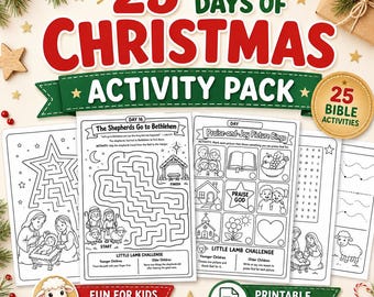 May include: A 25 Days of Christmas Activity Pack featuring printable black and white worksheets with Bible-themed mazes, word searches, and coloring pages. The set includes activities like The Shepherds Go to Bethlehem and Praise-and-Joy Picture Bingo.