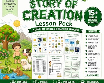 Könnte beinhalten: Ein druckbares Bibellehrpaket mit dem Titel Story of Creation, das eine Sammlung von pädagogischen Arbeitsblättern enthält, darunter ein Memory-Spiel, Suchbilder, Sequenzierungsaktivitäten, Wortsuchrätsel, Labyrinthe und Diskussionsfragen.