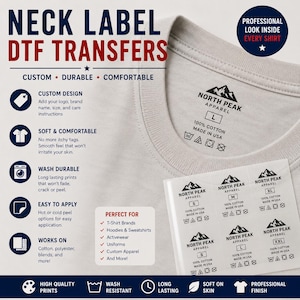 May include: A light gray t-shirt featuring a printed neck label with the North Peak Apparel logo, size L, 100% cotton, and care instructions. A sheet of six identical DTF transfer labels in various sizes is displayed next to the shirt collar.