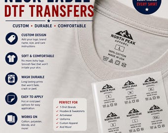 Custom Neck Label DTF Transfers, Shirt Tag Replacement, Custom Clothing Labels, Iron On Neck Label, Apparel Branding Heat Transfer Logo