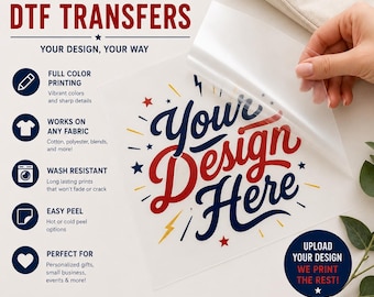 Custom DTF Transfer, Upload Your Design, Full Color Heat Transfer for T Shirts, Custom Logo Transfer, Iron On, Ready to Press