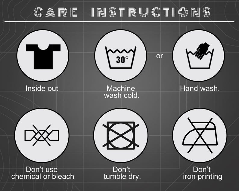 May include: A graphic chart titled CARE INSTRUCTIONS featuring six circular icons. The icons depict washing a garment inside out, machine washing cold at 30 degrees or hand washing, avoiding bleach, not tumble drying, and not ironing the printing.