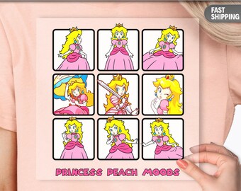 Transferencia DTF de la Princesa Peach con estados de ánimo, diseño para planchar estilo gamer, divertido diseño inspirado en Nintendo, gráfico retro rosa de la Princesa Peach para videojuegos