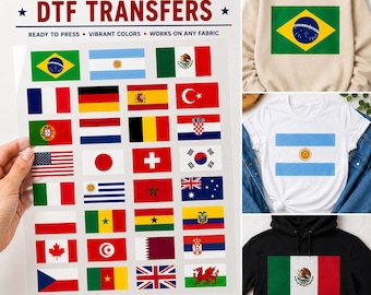 Country Flag DTF Transfer Sheet, Ready to Press Heat Transfer, International Flag Iron On Decal for Shirts Hoodies Bags