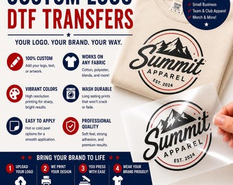 Custom Logo DTF Transfers, Ready to Press Heat Transfer Prints, Personalized Business Apparel Decals, No Minimum, Iron On Transfer