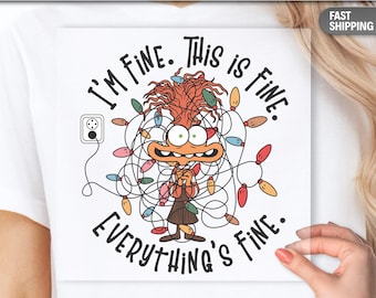 Transferencia DTF "Estoy bien, esto está bien, todo está bien", diseño divertido de luces navideñas, humor navideño DTF, impresión de camisetas con plancha estilo sublimación