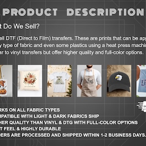May include: A product information graphic for DTF transfers featuring text headers and bullet points. It displays six examples of applied transfers on a tote bag, pillow, white t-shirt, apron, baseball cap, and blue t-shirt, showcasing various designs.