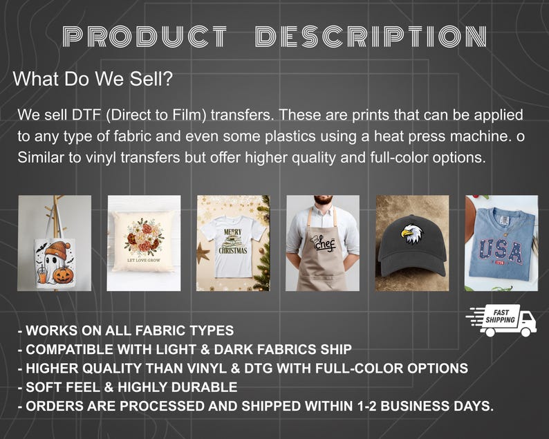 May include: A product information graphic for DTF transfers featuring text headers and bullet points. It displays six examples of applied transfers on a tote bag, pillow, white t-shirt, apron, baseball cap, and blue t-shirt, showcasing various designs.