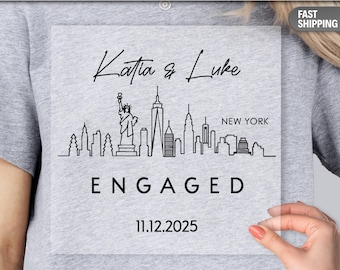 Transferencia personalizada de nombres de personas comprometidas (DTF), transferencia personalizada para camiseta de compromiso con el año, transferencia personalizada para planchar con la fecha de compromiso de pareja, camiseta de novios de Nueva York