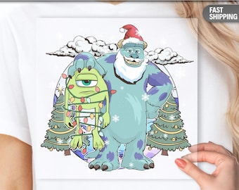Transferencia navideña DTF de Monsters Inc., luces navideñas de Sulley Mike, adorable dibujo navideño DTF para planchar