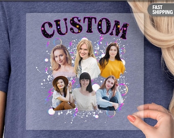 May include: A clear DTF transfer with the word "CUSTOM" in a black and purple font, with star accents. The transfer features six photos of women and the text "READ TO PRESS".