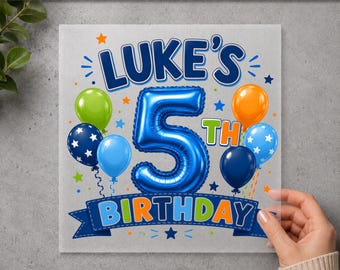 Personalized Birthday Boy DTF Transfer, Custom Name & Age Birthday Shirt Print, Blue Balloon Heat Transfer, Ready to Press DTF