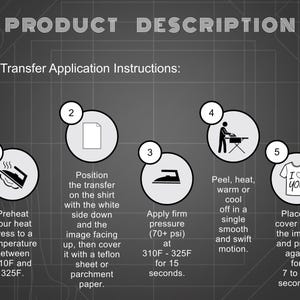 May include: A dark gray infographic titled PRODUCT DESCRIPTION with five numbered steps for DTF Transfer Application Instructions. It features icons for a heat press, paper, iron, and a t-shirt with the text I LOVE YOU, detailing temperatures of 310F to 325F and 70+ psi pressure.