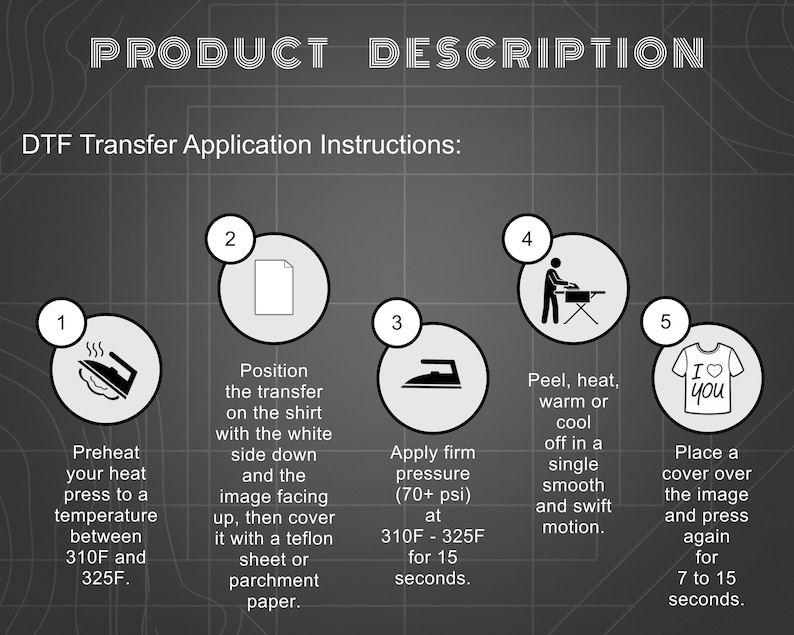 May include: A dark gray infographic titled PRODUCT DESCRIPTION with five numbered steps for DTF Transfer Application Instructions. It features icons for a heat press, paper, iron, and a t-shirt with the text I LOVE YOU, detailing temperatures of 310F to 325F and 70+ psi pressure.