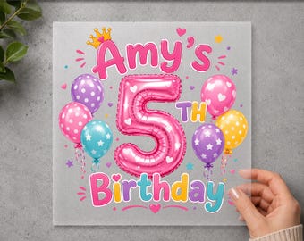 Personalized Birthday DTF Transfer Custom Name & Age, Pink Balloon Birthday Heat Transfer, Ready to Press Birthday Shirt DTF Print
