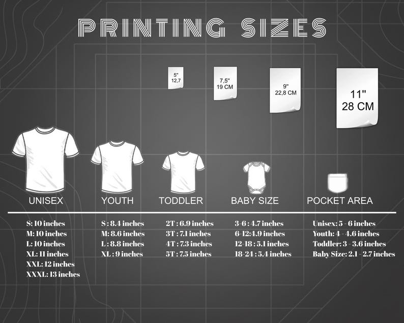 May include: A dark gray chart titled PRINTING SIZES displaying white line art of t-shirts, a baby bodysuit, and a pocket area. It lists specific print dimensions in inches for Unisex, Youth, Toddler, Baby, and Pocket sizes, ranging from 3 to 13 inches.