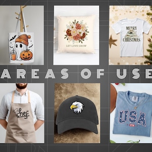 May include: A collage featuring a white tote bag with a ghost and pumpkin graphic, a cream pillow with a floral bouquet and the text 'LET LOVE GROW', a white t-shirt with a book stack graphic, a beige apron with 'chef' text, a gray cap with an eagle, and a blue USA shirt.