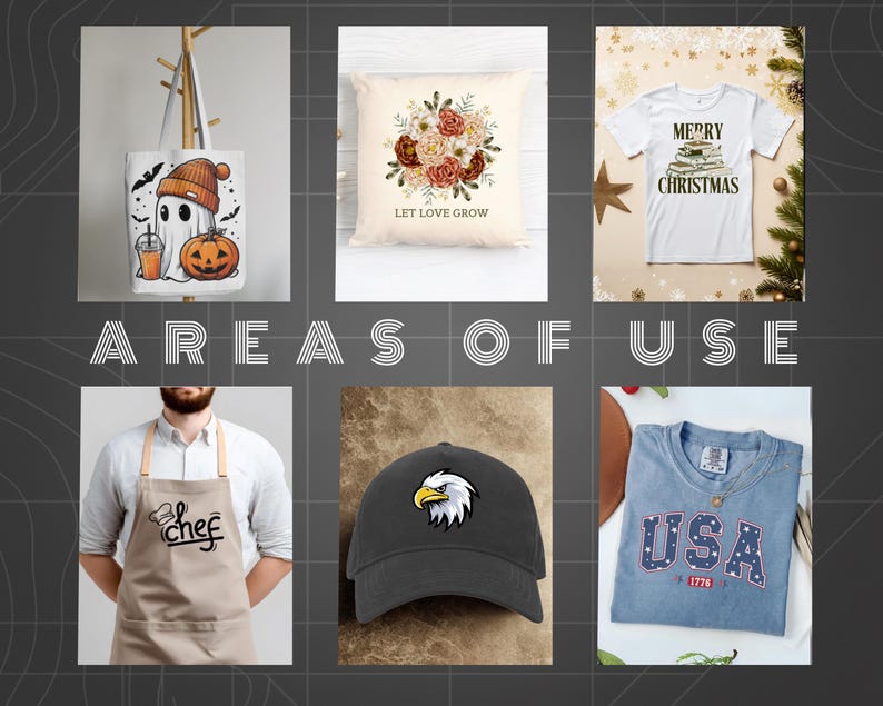 May include: A collage featuring a white tote bag with a ghost and pumpkin graphic, a cream pillow with a floral bouquet and the text 'LET LOVE GROW', a white t-shirt with a book stack graphic, a beige apron with 'chef' text, a gray cap with an eagle, and a blue USA shirt.