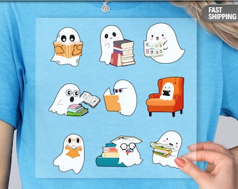 Camiseta de Halloween con diseño de fantasma leyendo un libro (transferencia DTF) – Ideal para profesores, bibliotecarios, estudiantes y amantes de los libros.