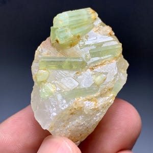 May include: A natural mineral specimen with light green tourmaline crystals set in a quartz matrix. The crystals are elongated and prismatic, with a translucent appearance. The quartz matrix is off-white and beige.