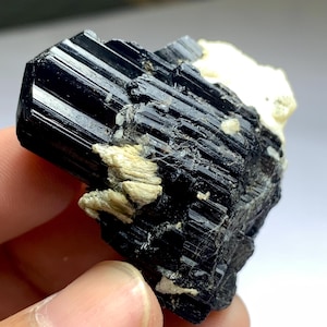 May include: A raw, natural black tourmaline crystal with a striated surface. The dark, opaque crystal is accented with patches of off-white mineral deposits, creating a striking contrast. The mineral specimen is held in a hand.