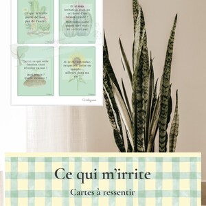 Puede incluir: Un conjunto de cuatro tarjetas verdes y blancas con texto en francés, con ilustraciones de un cactus, un girasol y otros elementos botánicos. Las tarjetas, tituladas "Cartes à ressentir", se muestran con una planta de serpiente en maceta.