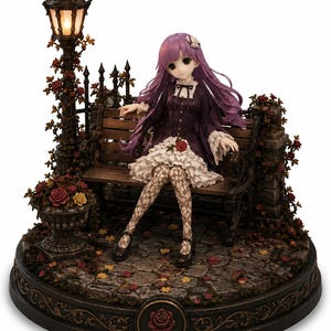 May include: A detailed figurine of a character with long purple hair sitting on a wooden bench. The scene includes a lit street lamp, a stone planter with red and yellow roses, a cobblestone base, and a circular emblem featuring a single red rose.