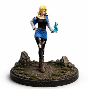 May include: A collectible figurine of a blonde character wearing a black tank top, blue denim skirt, and distressed black leggings. The figure features a blue jacket, brown boots, and a translucent blue flame effect held in the left hand.