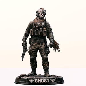 May include: A detailed figurine of a soldier in tactical gear, featuring a skull-faced mask and helmet. The figure is holding a rifle and stands on a base with the word "GHOST". The color palette includes shades of brown, black, and tan.