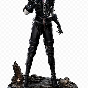 May include: A detailed collectible figurine of a woman with long dark hair, wearing a black leather-style jacket with fur trim, black trousers, and high-heeled boots. The figure stands on a circular base featuring a skull and a small candle.