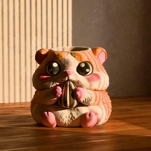 Può includere: Un contenitore in ceramica a forma di criceto, arancione e bianco, con grandi occhi e guance rosa. Tiene in mano un seme di girasole. Il contenitore è appoggiato su una superficie di legno.