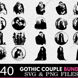 Puede incluir: Una colección de 40 diseños de parejas góticas en blanco y negro en formatos SVG y PNG. Las imágenes representan escenas románticas de parejas en varias poses, con una estética oscura y misteriosa. La palabra "BUNDLE" es rosa.