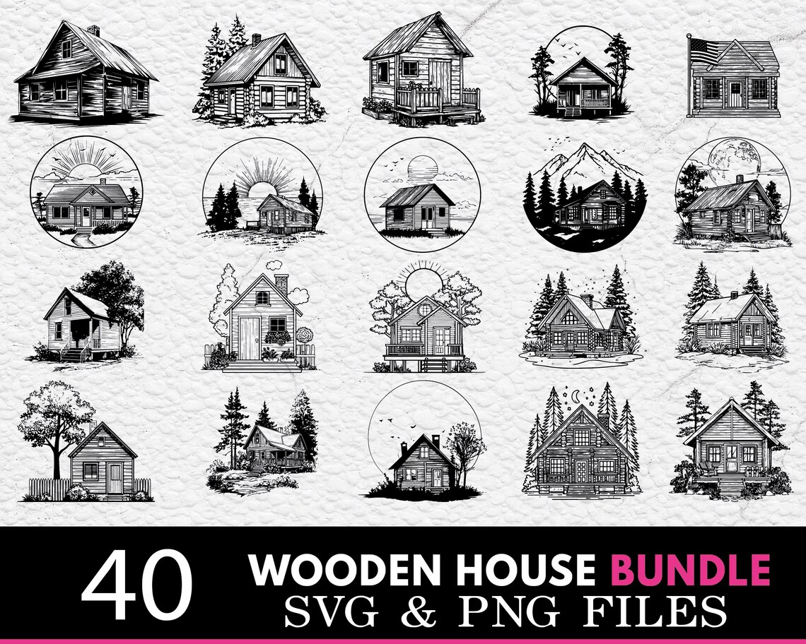 Wooden House Silhouette SVG PNG Bundle, Cabin Clipart Vector, Cricut ...