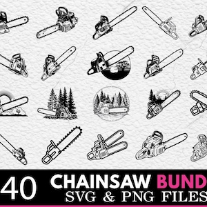 May include: A collection of black and white chainsaw illustrations. The image features 40 chainsaw designs, with the text "40 CHAINSAW BUNDLE SVG & PNG FILES" at the bottom. The chainsaws are shown with diverse blade and handle styles, suitable for digital projects.