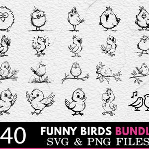 May include: A collection of 40 black and white cartoon bird illustrations in various poses. The birds are depicted with expressive eyes and playful expressions. The text "FUNNY BIRDS BUNDLE SVG & PNG FILES" is displayed at the bottom.