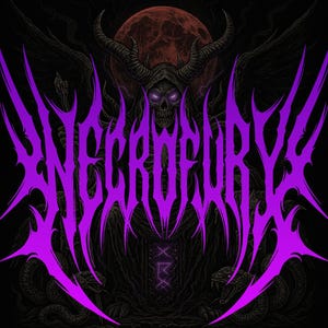 May include: A digital illustration with the word "NECROFURY" in a spiky, purple font. The image features a skull with glowing purple eyes, horns, and a hooded cloak, set against a dark background with a red moon.